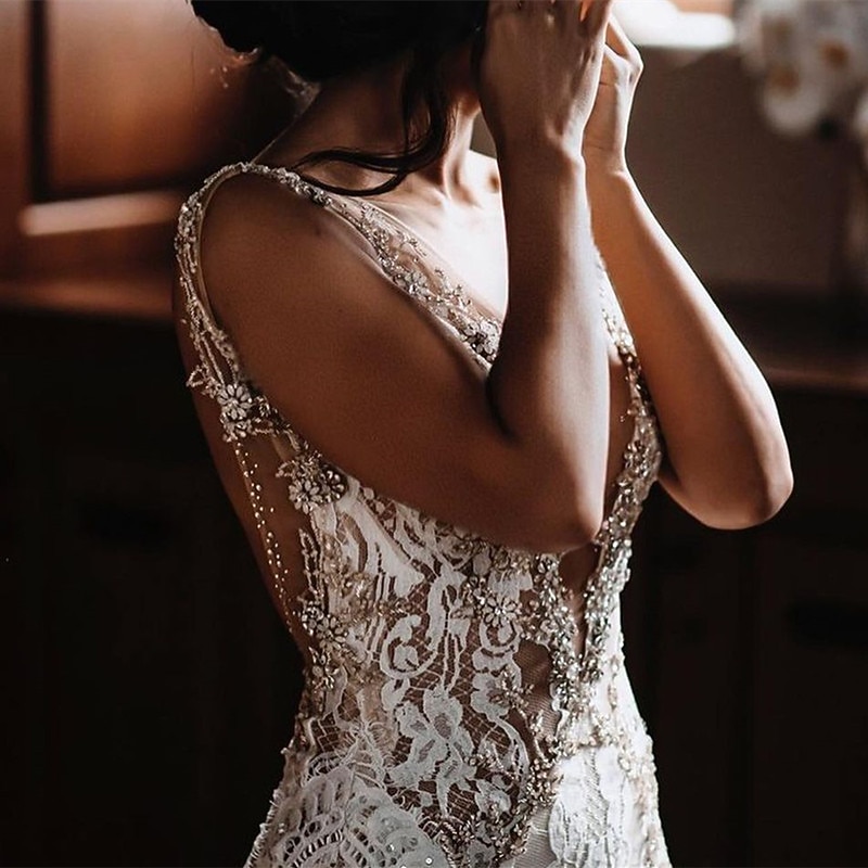 Beach Wedding Beach Open Back Sexy Boho Wedding Dresses Mermaid V Neck Sleeveless Court Train Lace Bridal Gowns With Appliques4