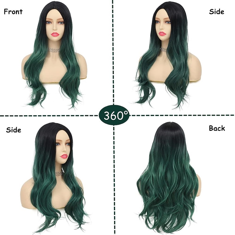 Ombre Green Long Wavy Curly Wigs for Women Dark Green Synthetic Hair Wigs Dark Roots Hair Women Full Wig Cosplay Christmas Party Wigs Daily Use2