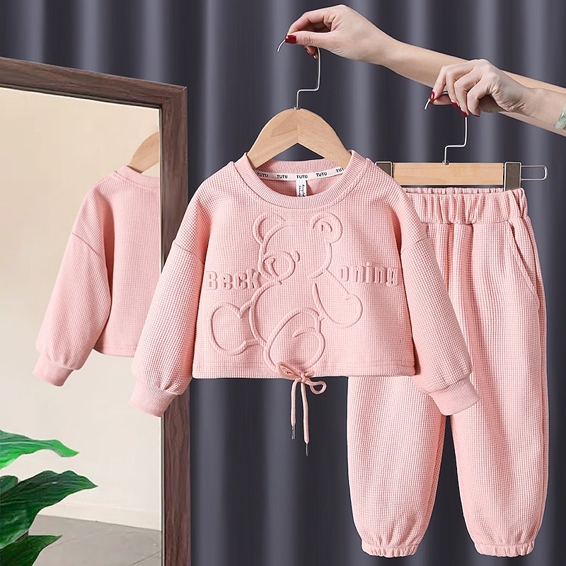 Girls' 3D Solid Color Letter Hoodie & Sweatpants Set Clothing Set Long Sleeve Fall Winter Daily Casual Cotton Kids 2-6 Years Vacation Regular Fit