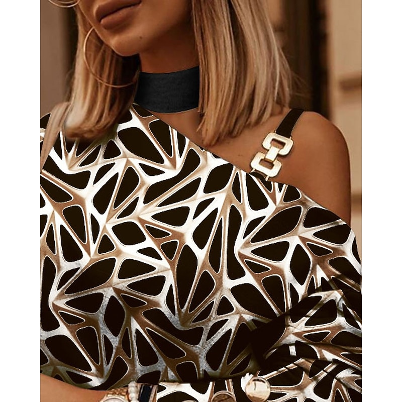 Women's Shirt Blouse Streetwear Geometric Cut Out Print Cold Shoulder Long Sleeve Regular Tops Turtleneck High Neck Party Casual Going out Black Navy Blue Brown Khaki Spring Fall4