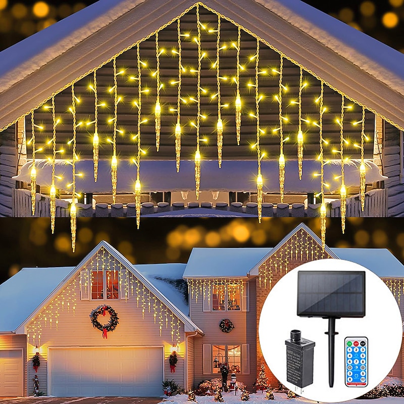 Christmas Icicle String Lights Outdoor Solar and Plug in 8 Modes 5M 216LED 3.5M 96LED Remote Control 24V Plug in String Lights LED Curtain Fairy String Light For Garden Party Timing Dimming