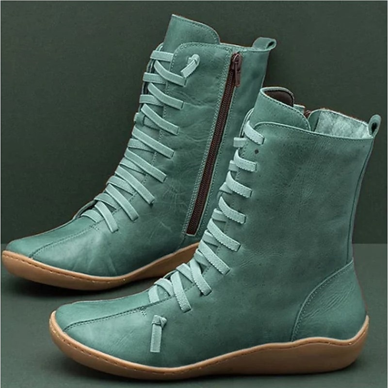 Women's Casual Flat Lace-Up Boots with Side Zipper – Soft Faux Leather Mid-Calf Shoes for Walking, Travel, and Fall Outfits 5