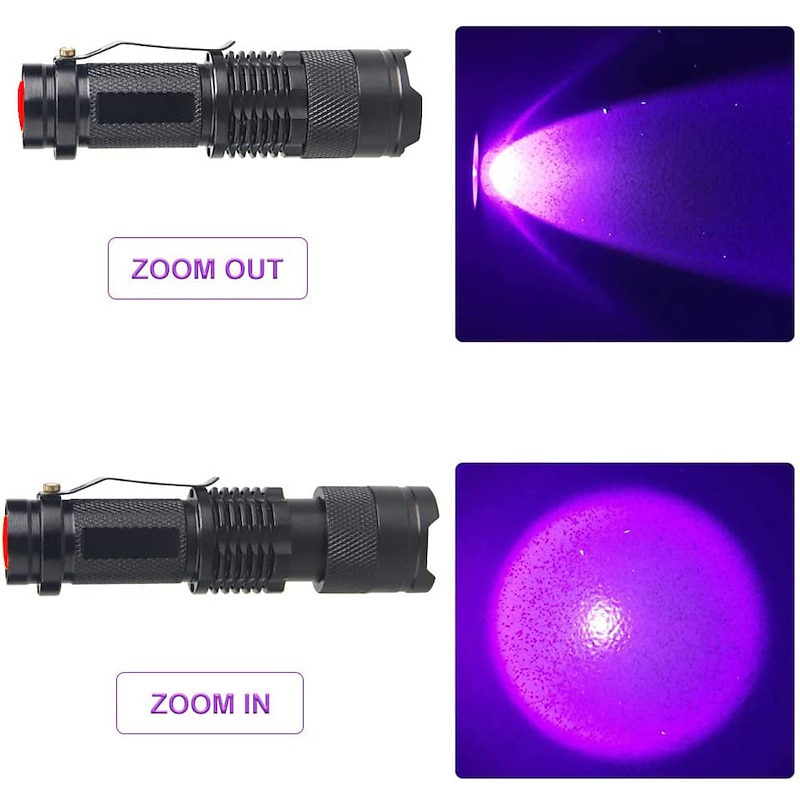 UV Flashlight Outdoor 365NM Ultra Violet Light with Zoom Function Mini UV Black Light Pet Urine Stains Detector Scorpion Use Portable AA Battery3