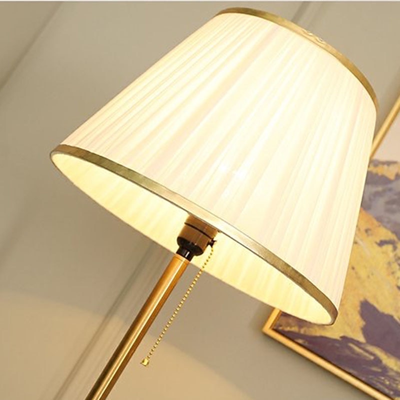 Modern Floor Lamp for Living Room, Height Adjustable Standing Lamp with Brass Base, Gold Brass Tall Post Light with White Linen Shade for Reading, Bedroom, Pull Chain Switch, Bulb Included4