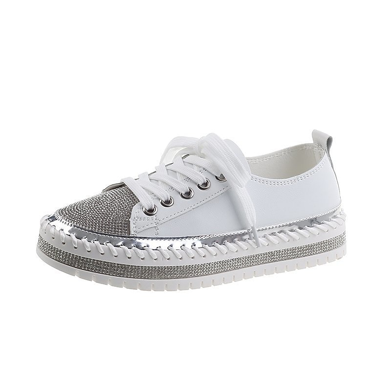 Women's Sneakers Flats Bling Bling Shoes Plus Size Platform Sneakers Party Outdoor Daily Solid Color Summer Rhinestone Flat Heel Round Toe Fashion Casual Minimalism PU Lace-up White Silver 7
