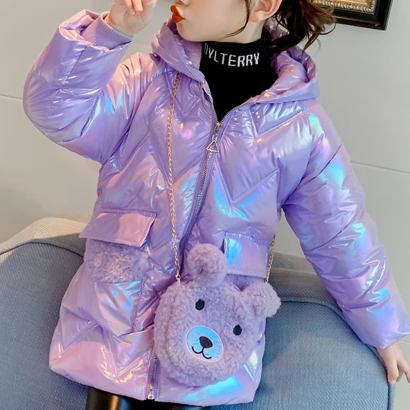 Kids Girls' Down Coat Puffer Jacket Solid Color Fashion Outdoor Cotton Coat Outerwear 4-12 Years Fall Pink Purple4