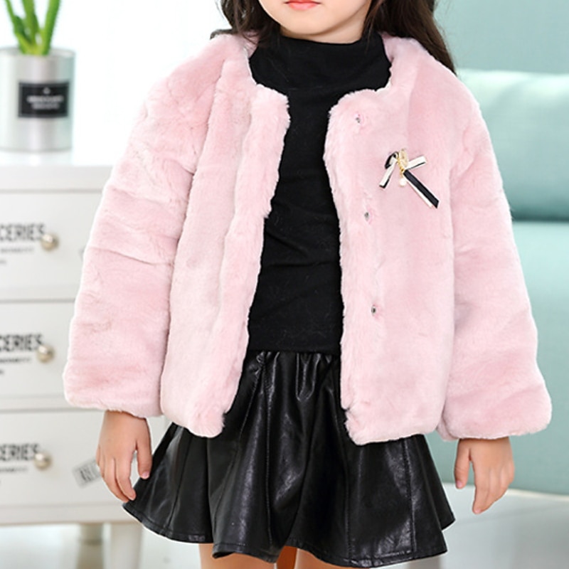 Toddler Girls' Faux Fur Coat Solid Color Active School Coat Outerwear 7-13 Years Winter Light Blue Pink khaki4