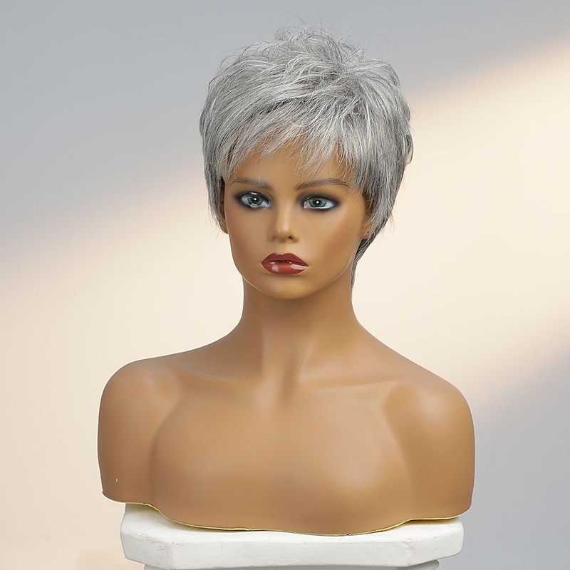 Human Hair Wig Short Straight With Bangs Dark Gray Soft Women Easy dressing Capless Brazilian Hair Women's Grey 8 inch Party / Evening Daily Daily Wear3