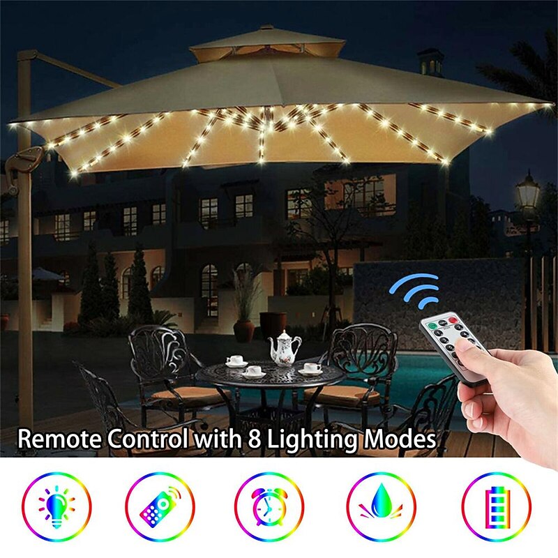 Patio Umbrella String Lights Outdoor 104 LEDs 16 Colors 4 Modes Battery Operated Cordless Umbrella Light Remote Control Waterproof Outdoor Pole Lights for Patio Umbrellas Camping Tents2
