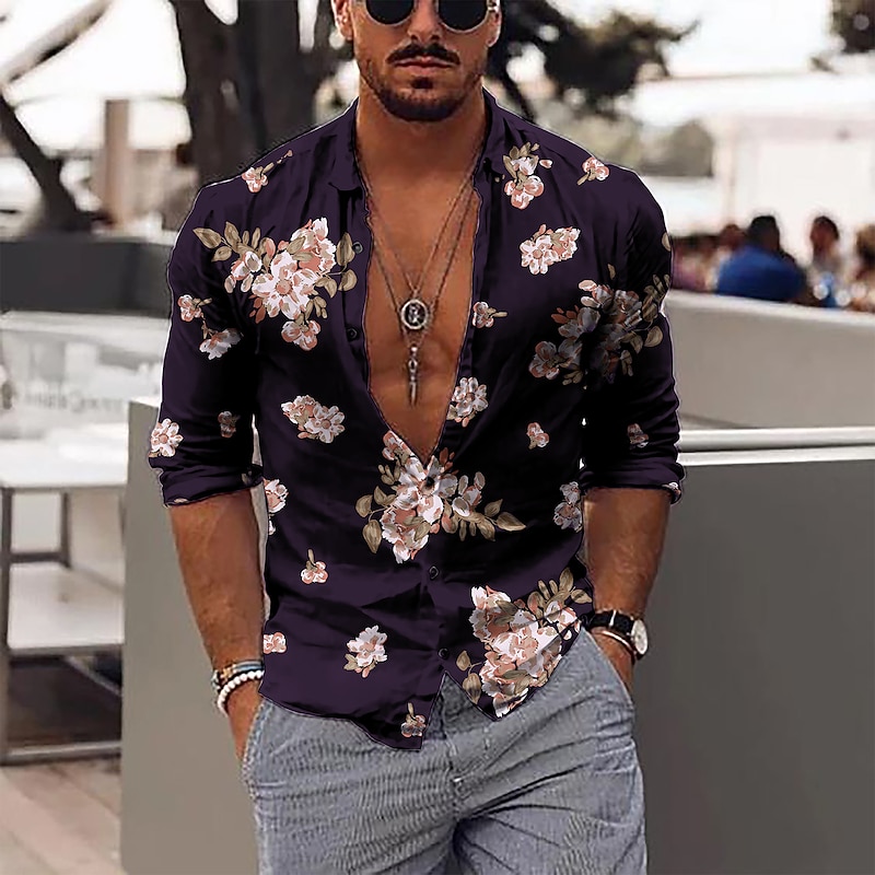 Men's Floral Shirt Long Sleeve Fashion Designer Casual Outdoor Daily Fall Winter Collar Print Button-Down Black Red Purple Green2
