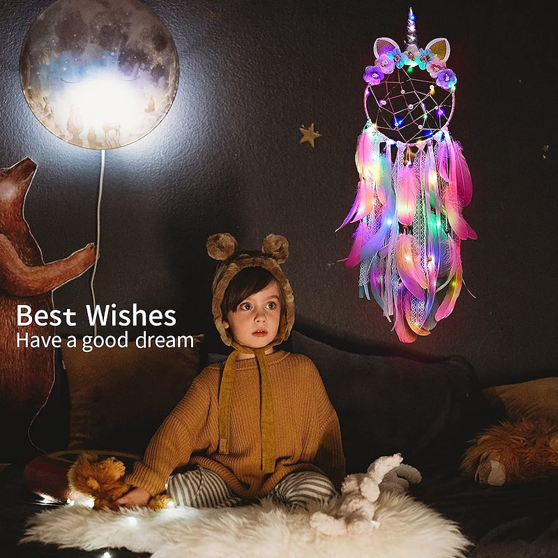 Unicorn Dream Catcher with Colorful LED Light for Girls Boys Bedroom Wall Decor Hanging Ornament Festival Gift (Pink)4