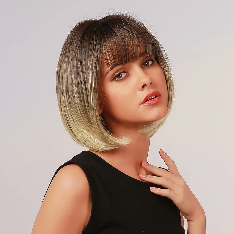 Blonde Bob Wig with Bangs - 12'' Short Blonde Wig for Women Natural Look Color Wigs with Bangs Super Soft and Easy to Wear Straight Bob Wig Synthetic Wig for Daily Halloween