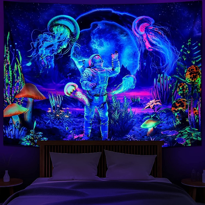 Blacklight Tapestry UV Reactive Glow in the Dark Glow Party Neon Astronaut Psychedelic Trippy Misty Hanging Tapestry Wall Art Mural for Living Room Bedroom