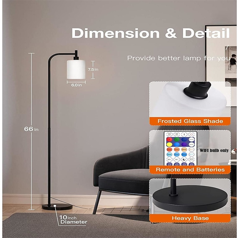 LED Floor Lamp with Suspended Frosted Glass Lampshade and Unique Intelligent or Dual Color LED Bulb Suitable for High Pole Lamp in Bedroom Living Room and Office AC220V AC110V4