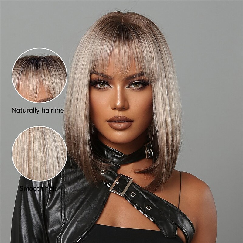 Fashionable Wavy Wig European and American Wig Women's Short Straight Hair with Fringe Shaped Gradual Color Rose Net Chemical Fiber Headband Wig4