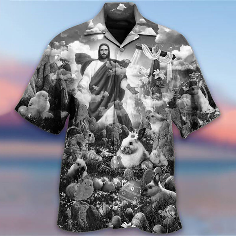 Men's Human Jesus Shirt Summer Hawaiian Shirt Button Up Shirt Fashion Designer Casual Outdoor Street Casual Summer Turndown 3D Button-Down Blue Green Rainbow Dark Gray3