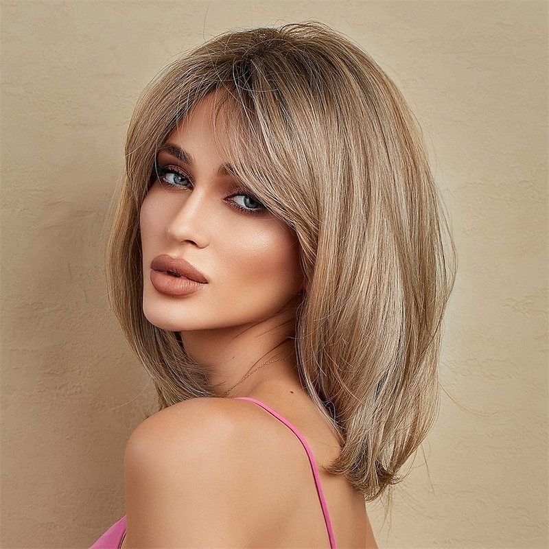 Ash Blonde Wigs for Women Bob Shoulder Length Layered Synthetic Dark Roots Hair Wig with Bangs Side Parting Christmas Party Wigs barbiecore Wigs