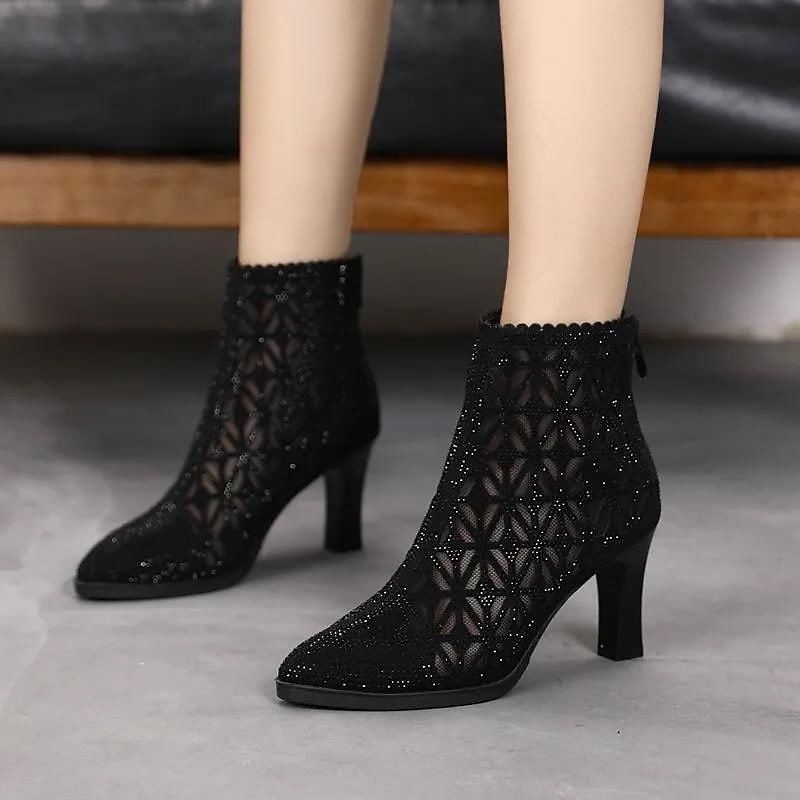 Women's Black Mesh Ankle Boots with Rhinestone Embellishments – Elegant High-Heel Design for Party and Evening Wear