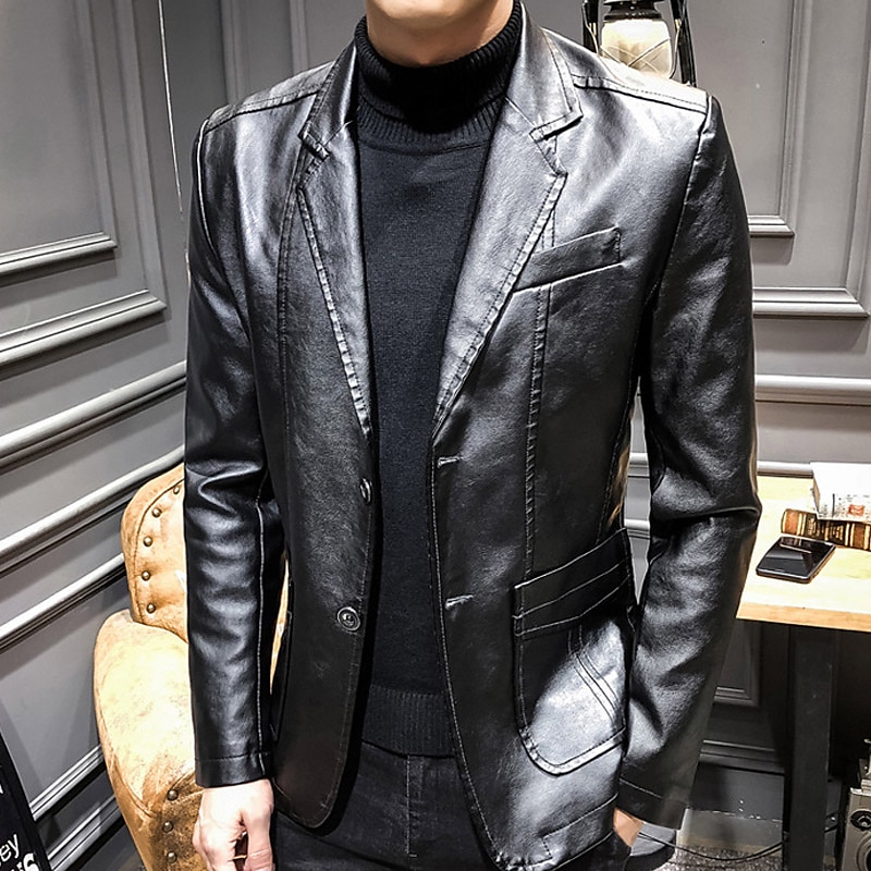 Men's Faux Leather Jacket Blazer Office & Career Daily Wear Warm Pocket Button-Down Spring &  Fall Solid / Plain Color Stylish Warm Ups Turndown Faux Leather Wine Black khaki Dark Blue Jacket2