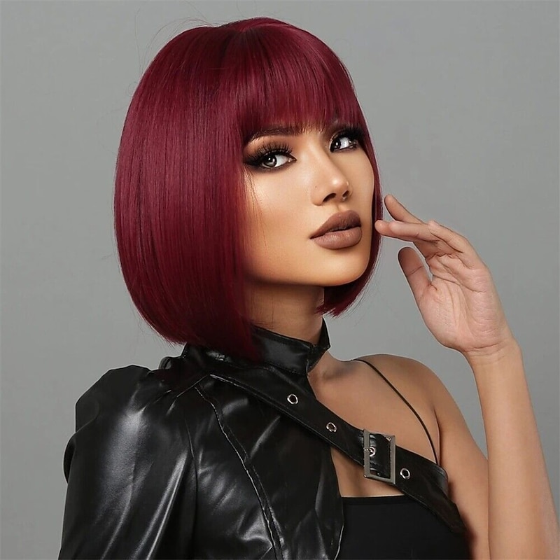 Fashion Bobo Wig European and American Wig Women's Short Straight Hair Wine Red Hair with Fringe Mechanism Chemical Fiber Headgear Wigs Christmas Party Wigs3