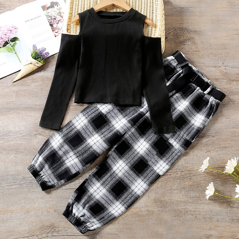 Kids Girls' Plaid Crewneck Pants Suit Set Long Sleeve Adorable Outdoor Cotton 7-13 Years Winter Black / Fall