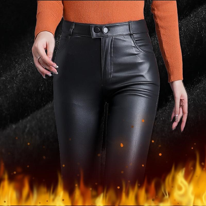 Women's Fleece Pants Leather Pants Pants Trousers Casual Lounge Full Length High Waist Solid Colored Side Pockets High Cut Thermal Warm High Elasticity Vacation Party Office Black Fall & Winter