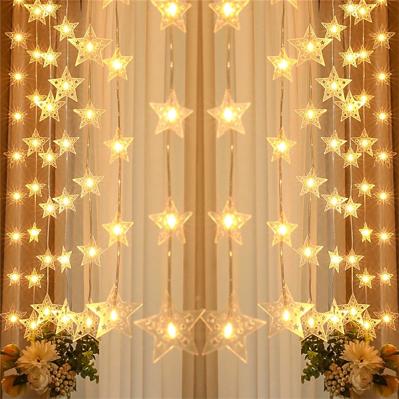 Star Window Curtain String Lights 3x2m Christmas Fairy Lights Waterproof USB Remote Control Garland Lights For Bedroom Wedding Xmas Holiday Decor 3X1M 3X2M4