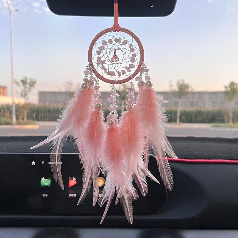 Pink Dream Catcher Handmade Gift with Feather Wall Hanging Decor Art Wind Chimes Boho Style Car Hanging Home Pendant