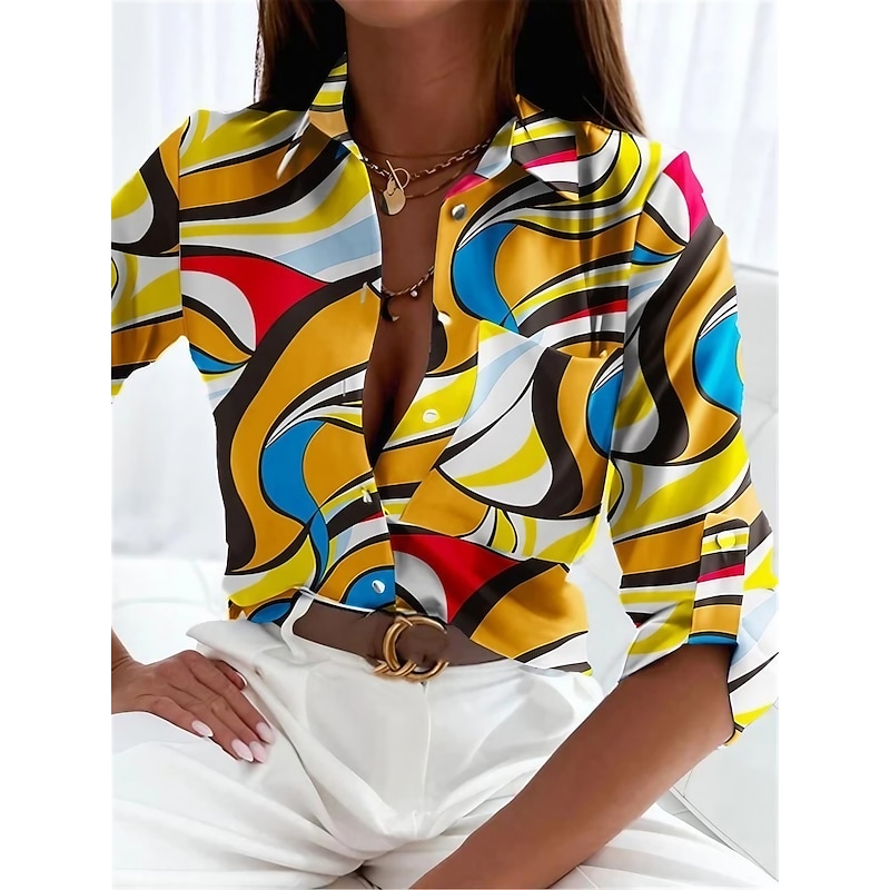 Women's Shirt Blouse Elegant Abstract Print Long Sleeve Shirt Collar Work Casual Daily White Yellow Pink Green Spring Fall4