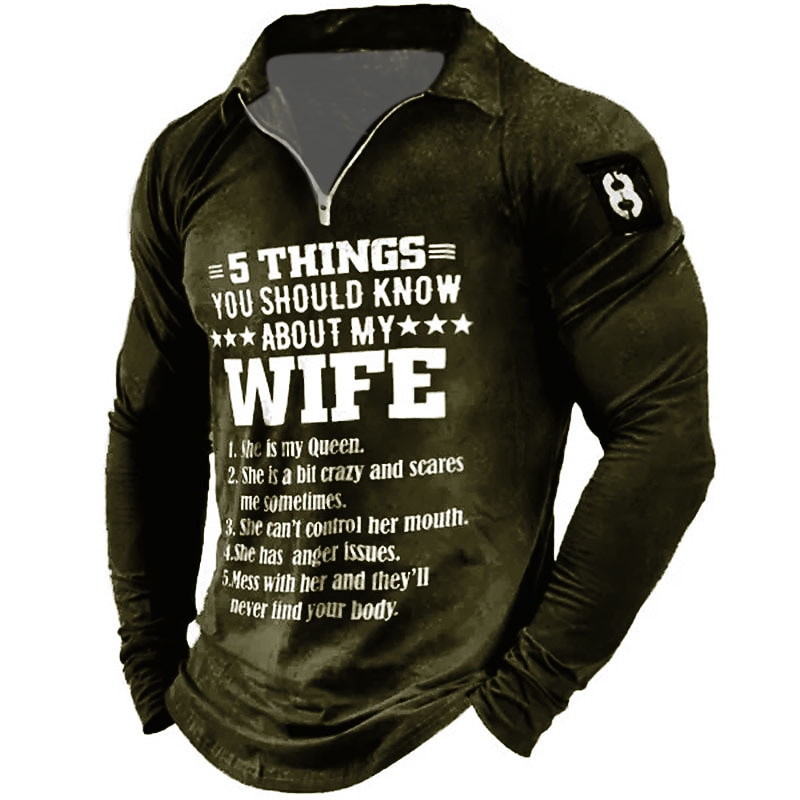 Men's Long Sleeve Quarter-Zip Tee, Funny 5 Things You Should Know About My Wife Graphic Shirt, Humorous Family Relationship Gift4