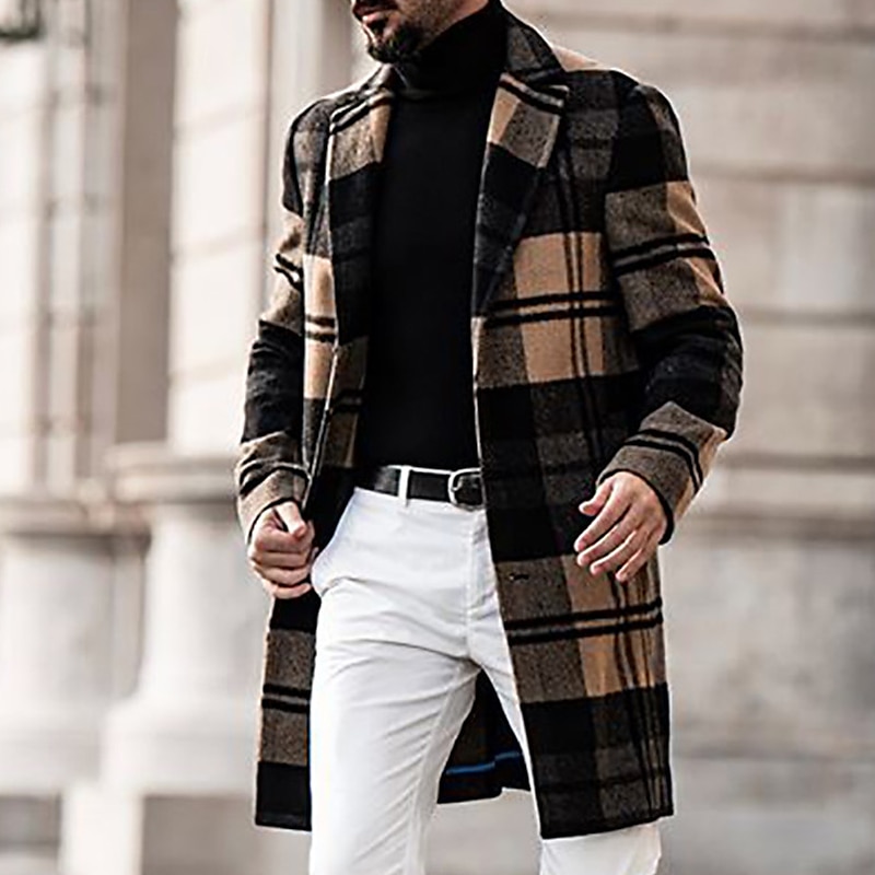Men's Winter Coat Overcoat Coat Sports & Outdoor Daily Wear Warm Breathable Pocket Print Fall & Winter Plaid Fashion Business Turndown Long Regular Fit Yellow Blue Purple Brown Green Jacket