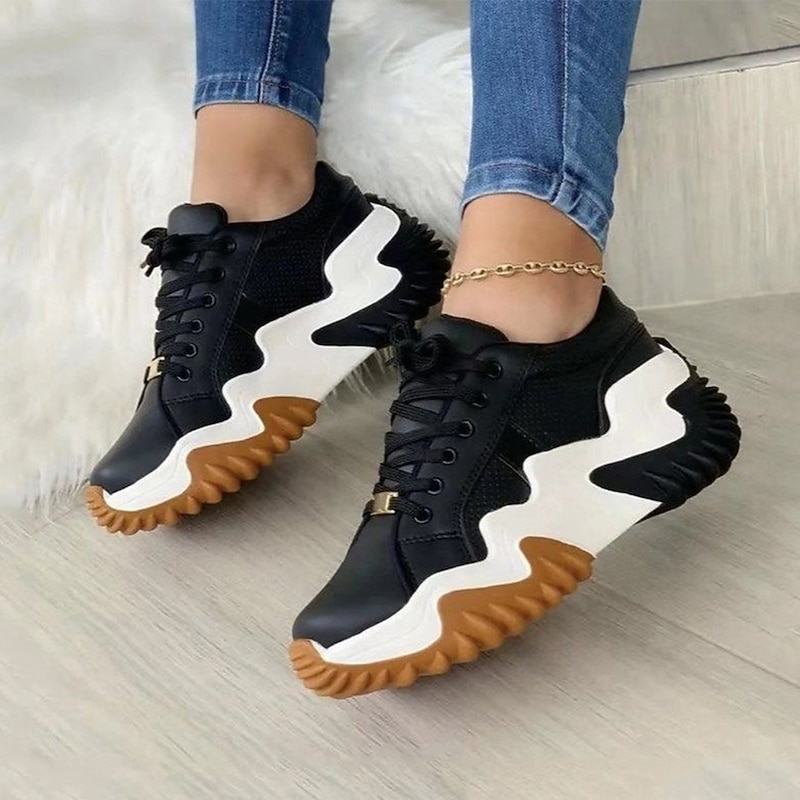 Women's Sneakers Plus Size Height Increasing Shoes Platform Sneakers Outdoor Office Work Solid Colored Lace-up Flat Heel Round Toe Sporty Casual Walking Synthetics Lace-up Black White Blue2