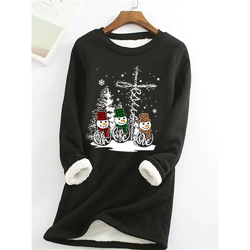 Women's Fleece Lined Pullover Sweatshirt Pajamas Pullover Sweatshirt Snowman Christmas Warm Fuzzy Long Sleeve Round Neck Crewneck Regular Tops Christmas Casual Black Blue Gray Fall & Winter