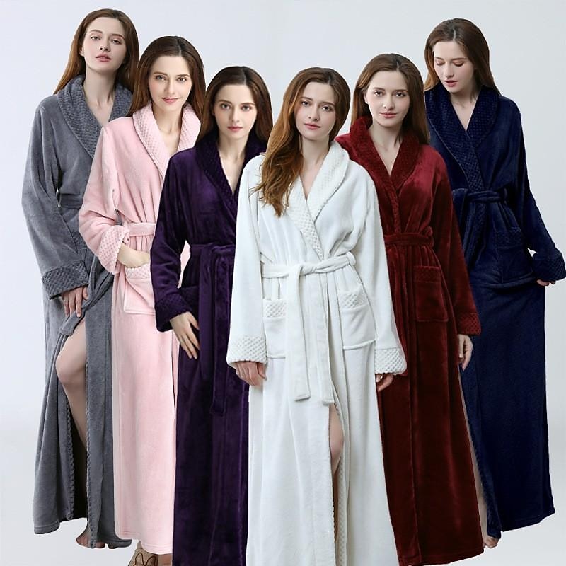 Women Fleece Shawl Collar Bathrobe,Plushed Bathrobe Long Robe Fleece - Plush Long Robefor wedding