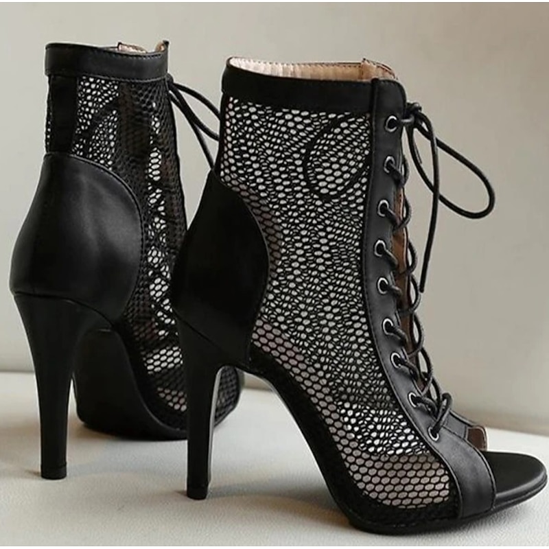 Women's Sexy Black Lace-Up Mesh Dance Boots with Peep-Toe Design - Ideal for Dance Parties and Performances2