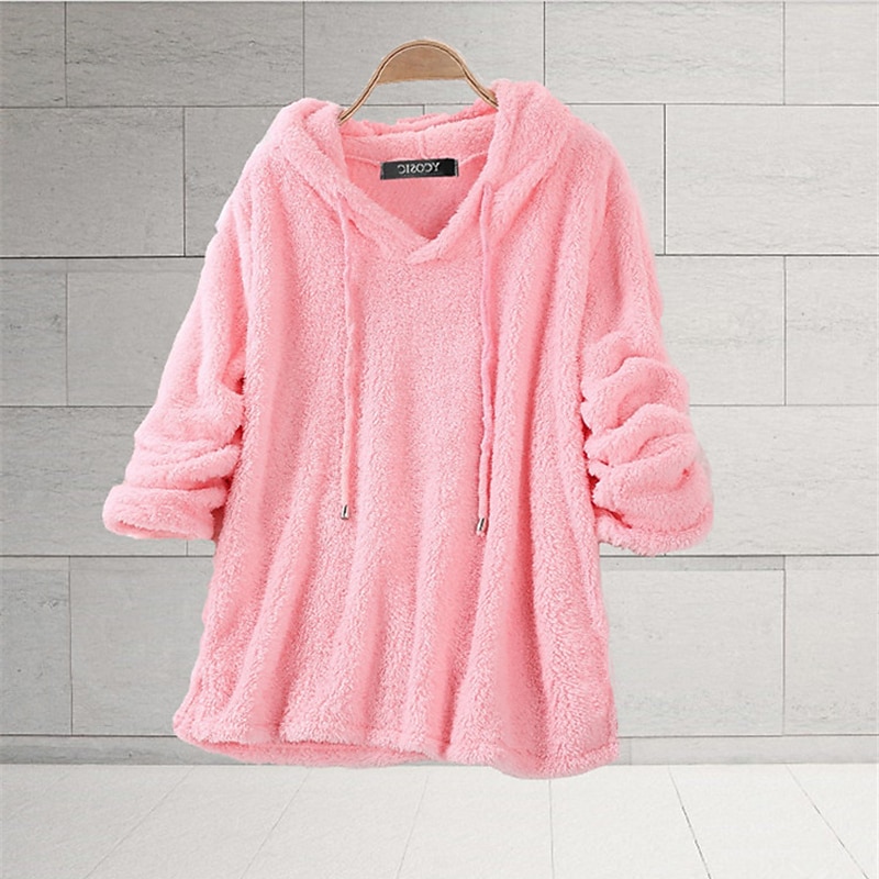 Women's Hoodie Sweatshirt Hoodie Sweatshirt Burgundy Hoodie Teddy Basic Casual Fleece Plain Daily Going out Weekend Hooded Drawstring Long Sleeve Black White Pink Wine Blue Fall Winter Fall2