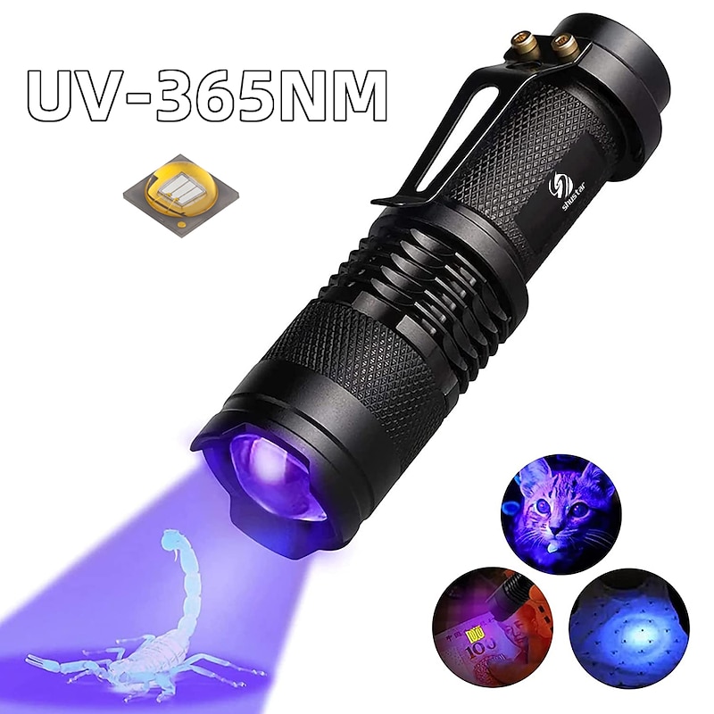 UV Flashlight Outdoor 365NM Ultra Violet Light with Zoom Function Mini UV Black Light Pet Urine Stains Detector Scorpion Use Portable AA Battery