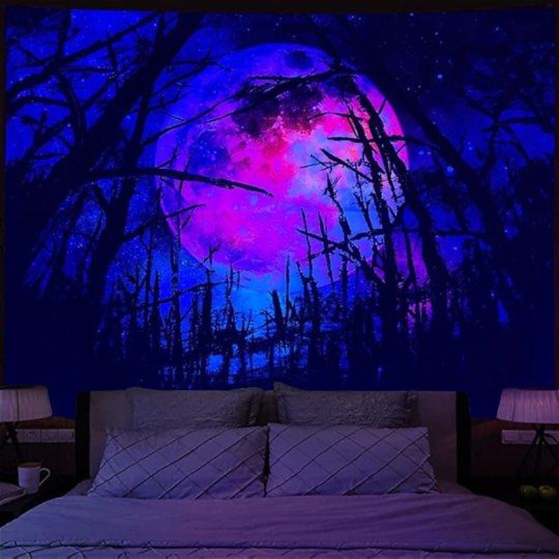 Blacklight Tapestry UV Reactive Glow in the Dark Glow Party Neon Landscape Psychedelic Trippy Misty Hanging Tapestry Wall Art Mural for Living Room Bedroom
