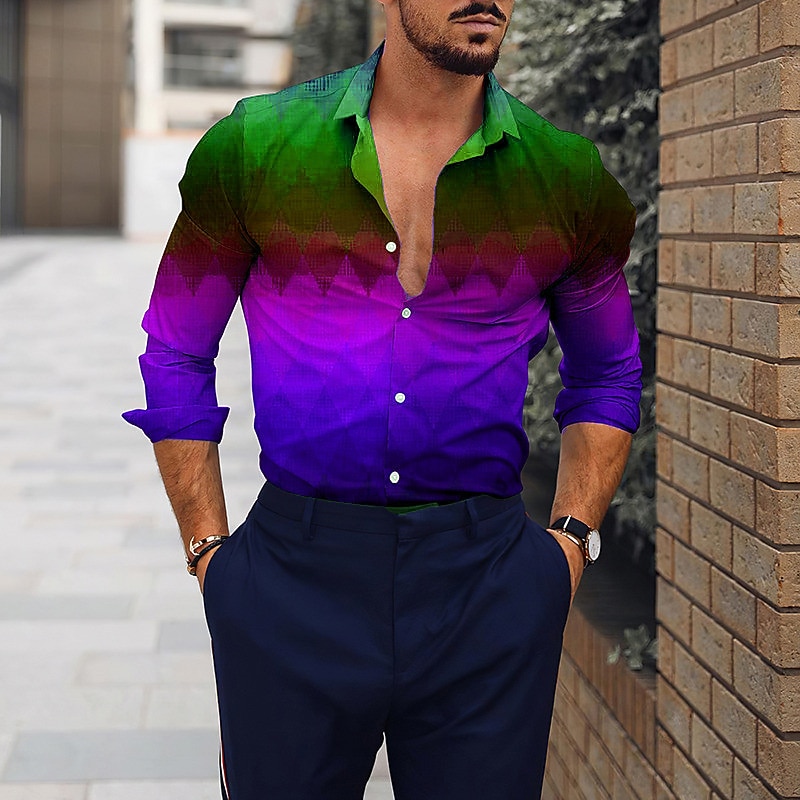 Men's Gradient Geometric Pattern Shirt Button Up Shirt Long Sleeve Fashion Designer Casual Outdoor Casual Holiday Summer Spring Turndown Print Button-Down Blue Purple Rainbow Dark Gray4