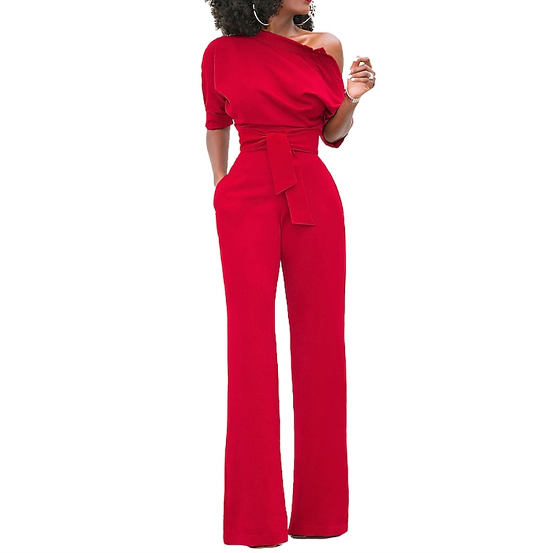Women's Normal Jumpsuit Elegant Solid Color Half Sleeve One Shoulder Pocket High Waist Wedding Party Regular Fit Black White Yellow Fall3