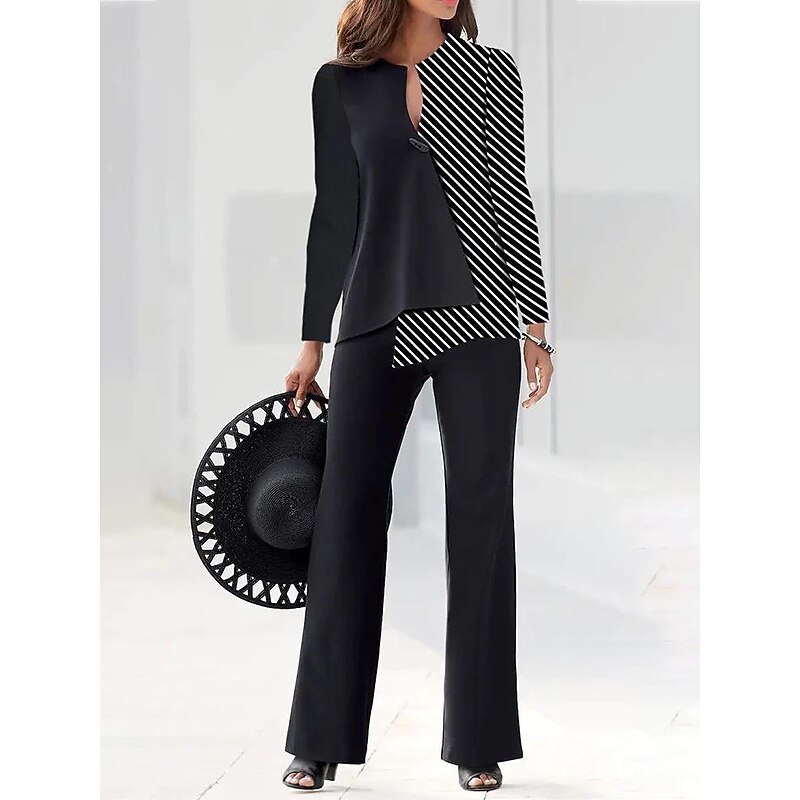Women's Vintage Business Office Suit Dress Pants Long Sleeve V Neck Printing Patchwork Work Black White Fall & Winter2