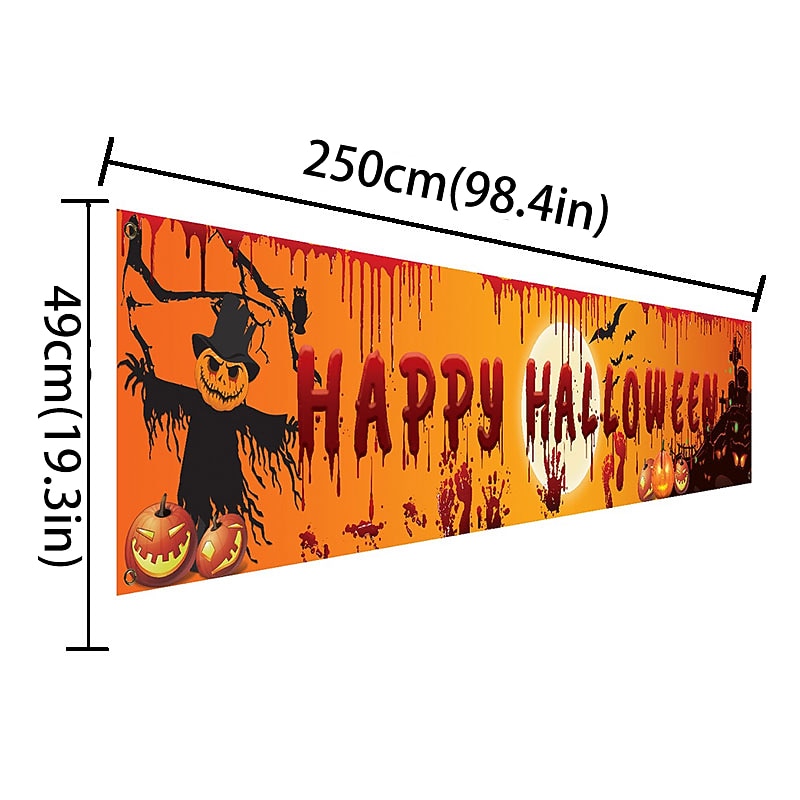 Halloween Bloody Bat Pumpkin Ghost Print Party Backdrop Hanging Banner Halloween Decor(250x49cm/98.4“*19.3“) Halloween Skeleton Decoration2