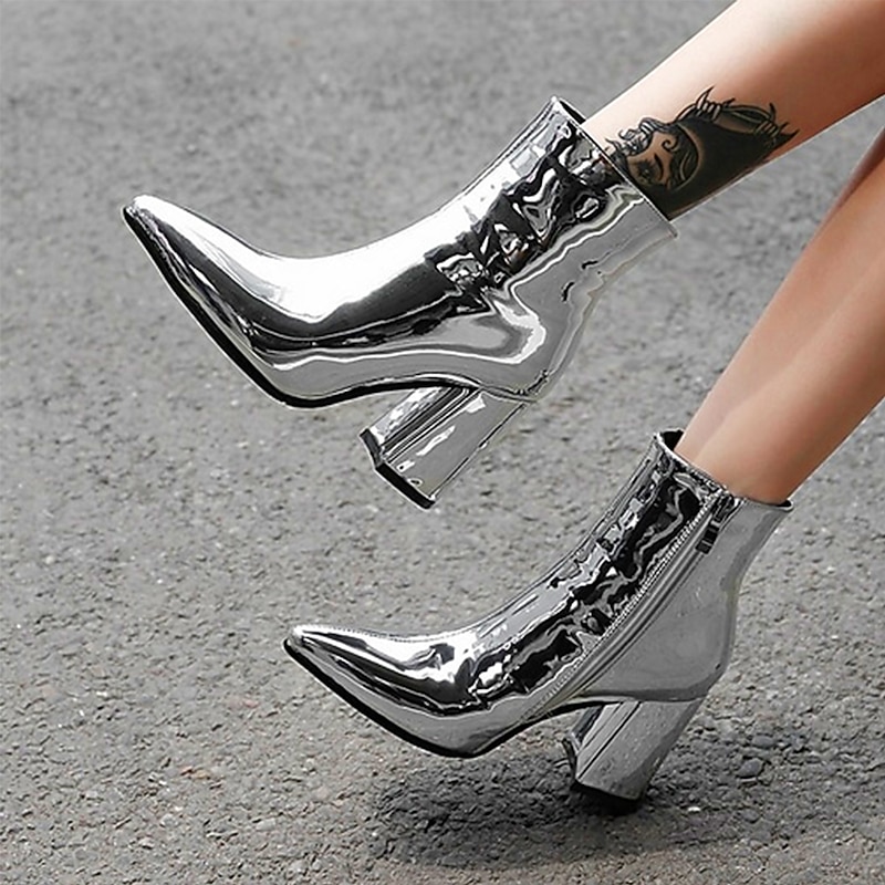 Women's Silver Metallic Ankle Boots with Faux Fur Lining, Pointed Toe and Block Heel, Warm Fashion Short Boots for Autumn Winter Party and Night Out