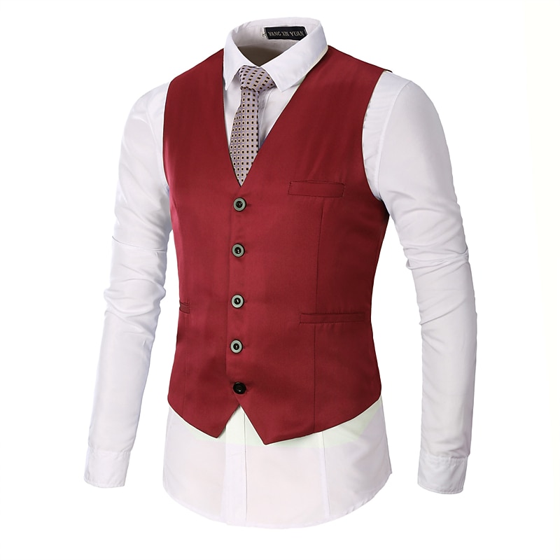 Men's Vest Waistcoat Wedding Office & Career Daily Wear Going out Business Traditional / Classic Spring Fall Button Pocket Polyester 95% Cotton Outdoor Comfortable Wedding Pure Color Single Breasted3