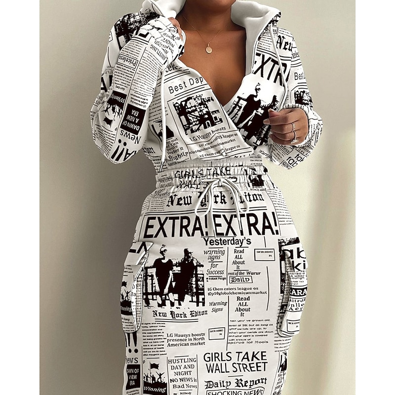 Women's Midi Dress Hoodie Dress Casual Dress Sheath Dress Fashion Modern Casual Daily Weekend Fall Dress Regular Fit Graphic Print Long Sleeve Deep V White Pink Blue Green Fall Winter Autumn
