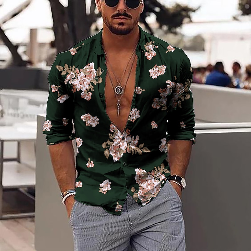 Men's Floral Shirt Long Sleeve Fashion Designer Casual Outdoor Daily Fall Winter Collar Print Button-Down Black Red Purple Green3
