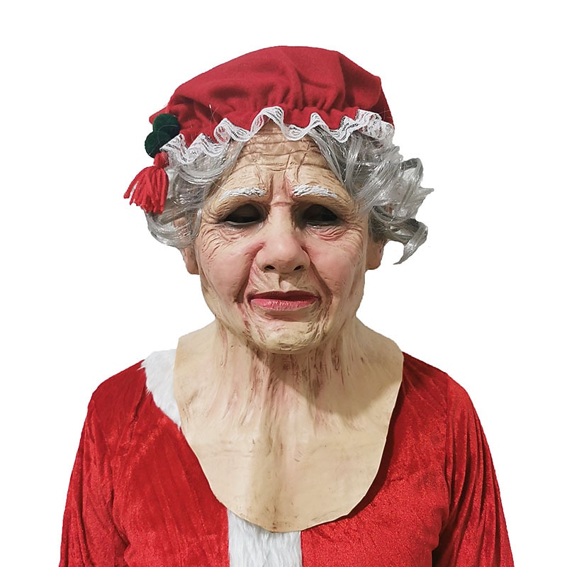 Christmas White haired Santa Claus Mask Headwear New Glinch Mask Beard Grandpa Red Hat Grandma（ not include glasses）2