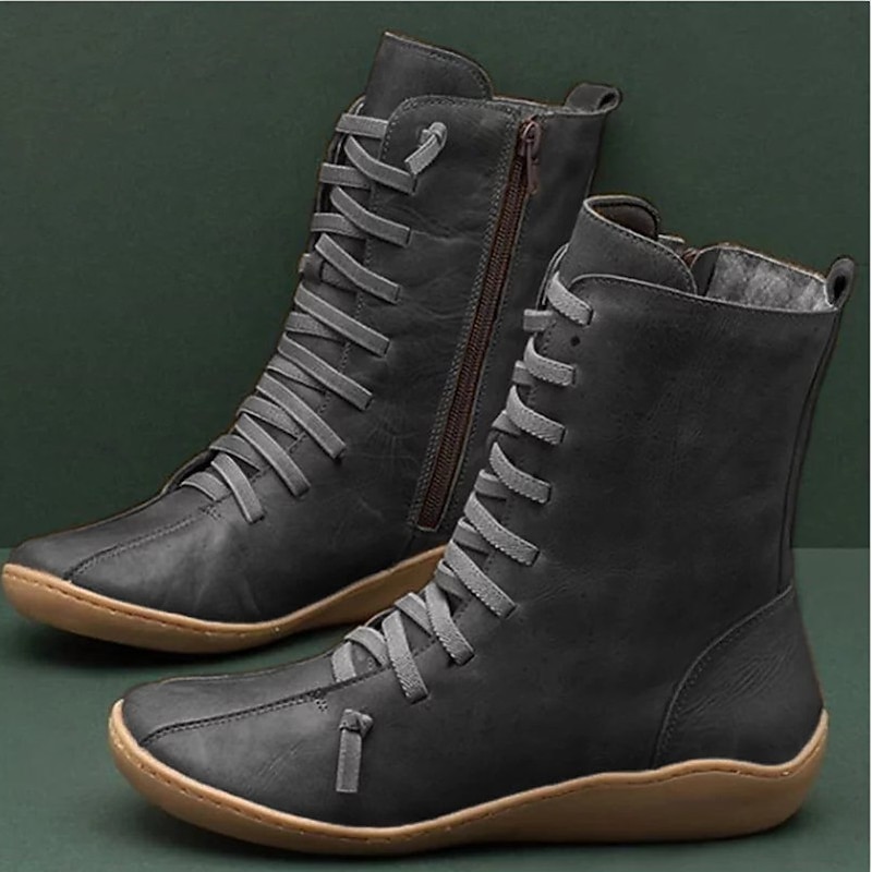 Women's Casual Flat Lace-Up Boots with Side Zipper – Soft Faux Leather Mid-Calf Shoes for Walking, Travel, and Fall Outfits2