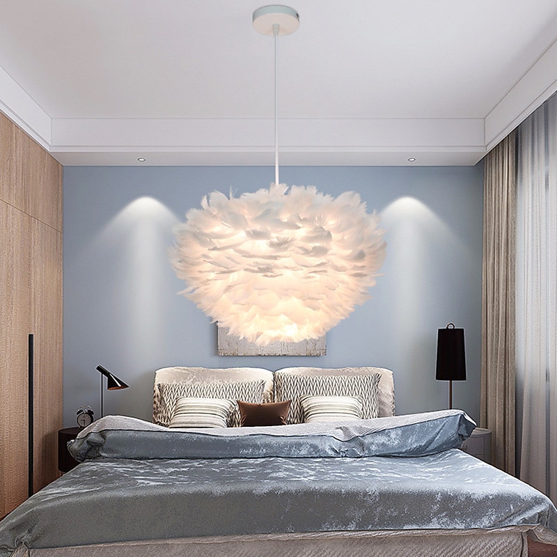 LED Pendant Light  Ostrich Feather Bedroom Cord Adjustable 3000-6000K 40CM Feather Chandelier Romantic Decorative Hanging Ceiling Light Fixture for Girls Room Bedroom