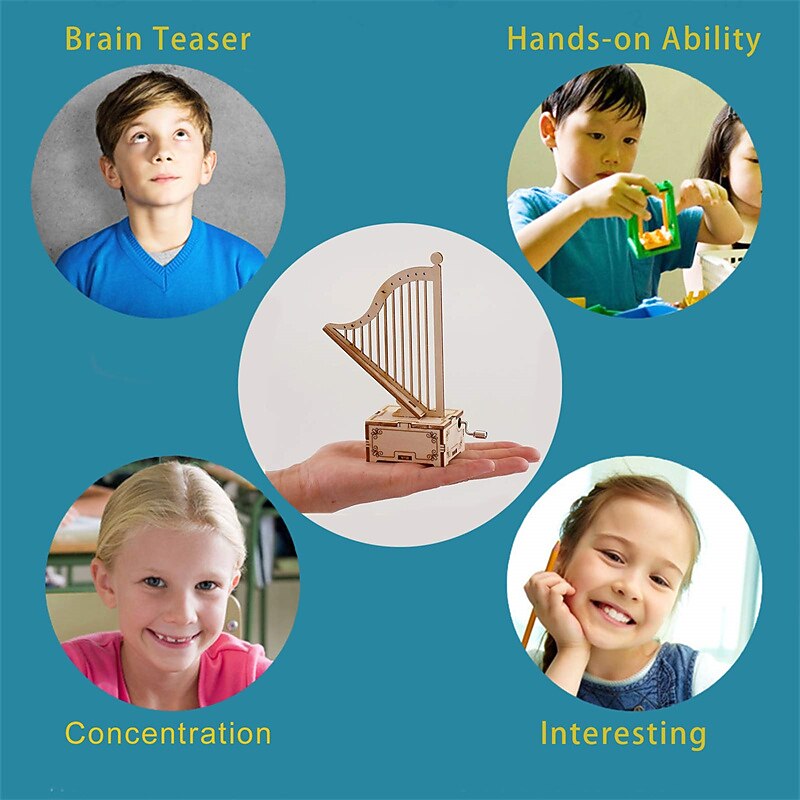 3D Puzzles for Adults Kids DIY Music Box - Harp Hand Crank Engraved Musical Box  Wooden Building DIY Kits (Harp) for Adults Desk Display Gift for Boys/Girls4